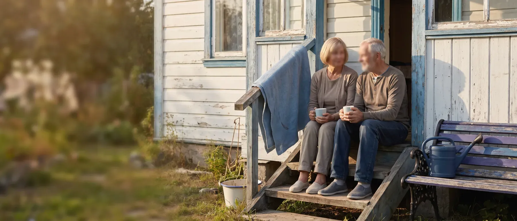 Older couple sitting on the front steps of their own house in late afternoon light